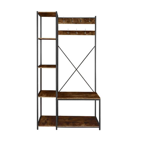 GOOD & GRACIOUS Rustic Brown Shoe Rack with Coat Hooks, Hall Tree with Shoe Bench and Shelves for Entryway