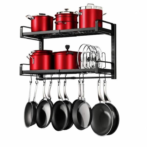 Black Adjustable 2-Tier Expandable Hanging Pot Rack with 10 Hooks and 5 Lid Holders
