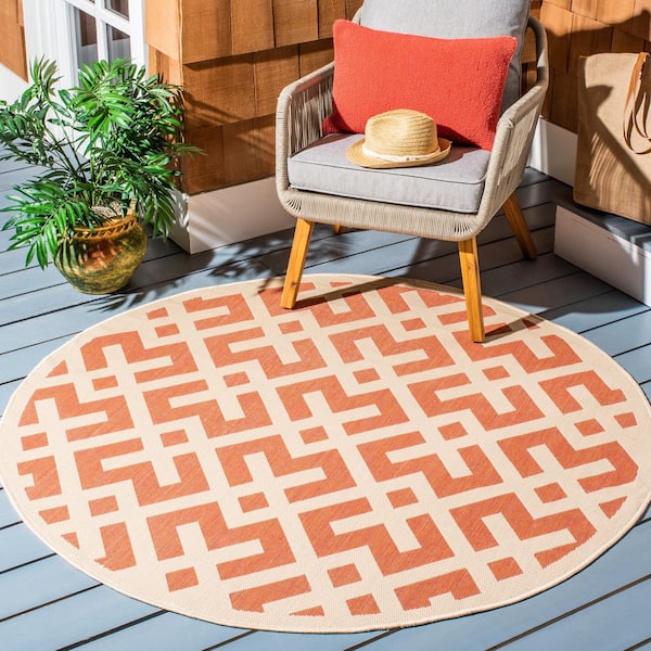 Courtyard Terracotta/Bone 7 ft. x 7 ft. Round Geometric Indoor/Outdoor Patio  Area Rug