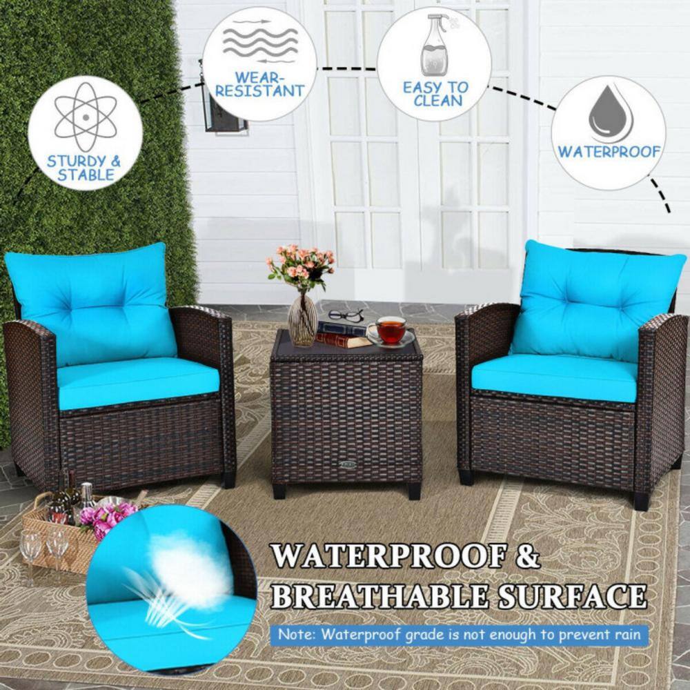 Turquoise Cushioned Rattan 3-Piece Patio Conversation Set