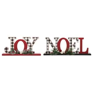 5.91 in. H Christmas Wooden Plaid JOY and Noel Tabletop Decor (Set of 2)