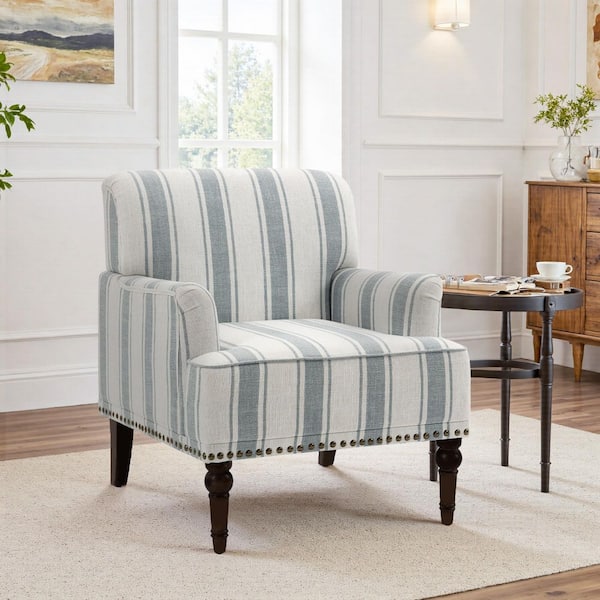 Uixe Modern Blue Striped Linen Fabric Upholstered Accent Armchair