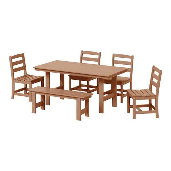 Shoreside 6-Piece All Weather HDPE Plastic Outdoor Patio Dining Set w/ Side Chairs and Bench, Teak