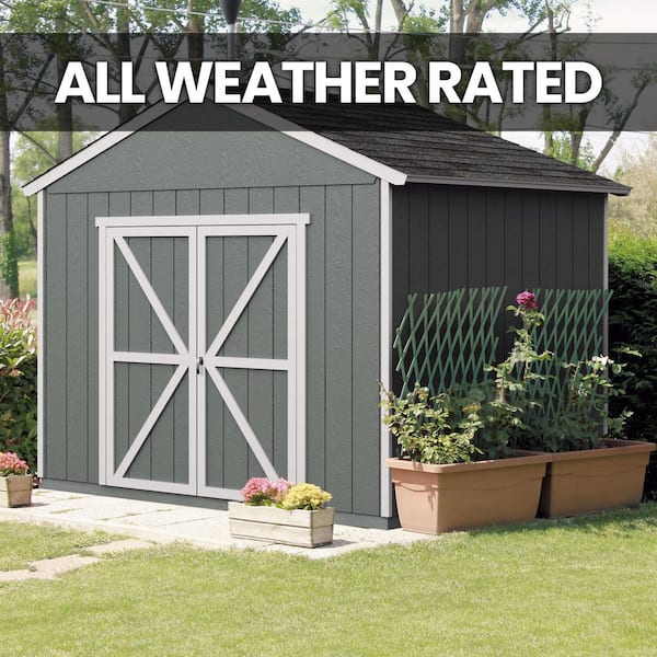 Handy Home Products Pro Assembled Rookwood 10 ft. W x 8 ft. Outdoor Wood Shed with High Wind 145 package- Driftwood Shingles (80 sq. ft.)