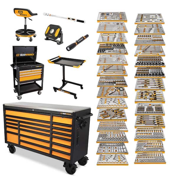 GEARWRENCH MEGAMOD 72 in. x 25 in. 18-Drawer Mobile Workbench Cabinet with Master Mechanics Tool Set in Foam Trays (1,268-Pieces)