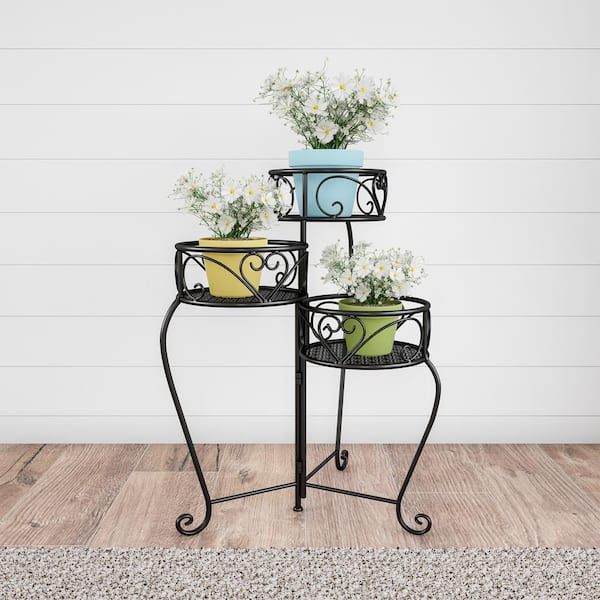 Pure Garden 3-Tier Black Metal Decorative Folding Plant Stand