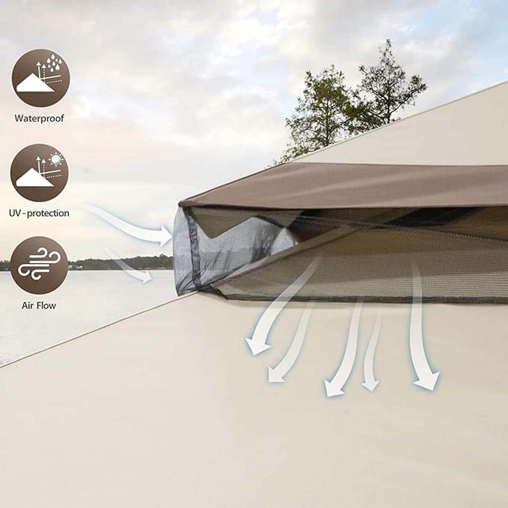 Beige Metal Patio Gazebo with Double-Tier Roof and Curtains