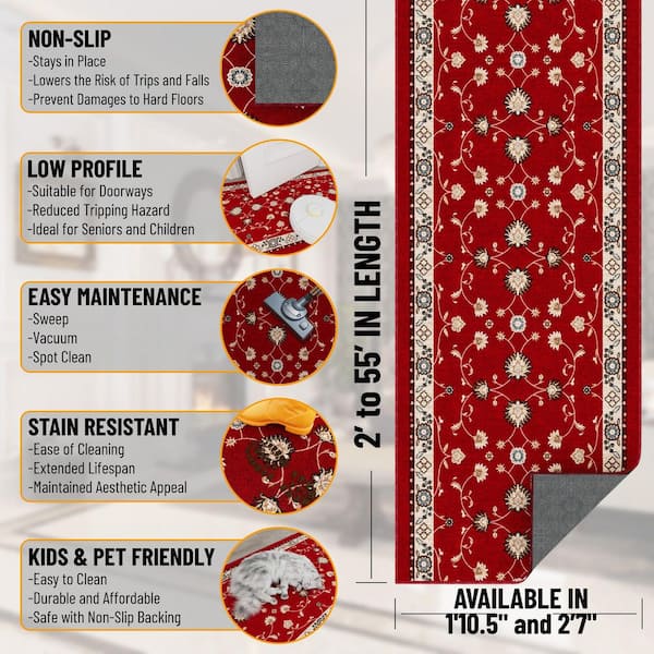 Runner Rug By The Foot 2 ft. 7 in. x 23 ft. - Soft Area Runner for Hallways, Entryway and Stairs, Red
