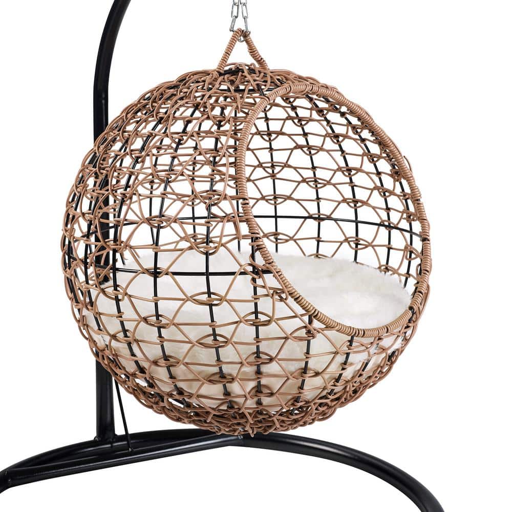 Medium Brown Rattan Hanging Egg Cat Condo with Cotton Cushion
