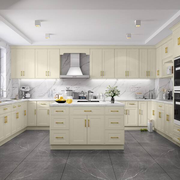 View of Antique White Shaker Kitchen Cabinets