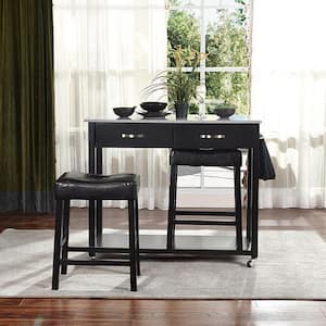 Black Real Marble Kitchen Island Dining Table Set with 2-Faux Leather Stools and 2-Drawers