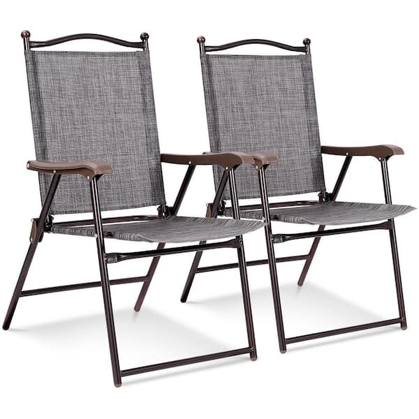 Costway Gray Metal Outdoor Patio Folding Beach Lawn Chair (Set of 