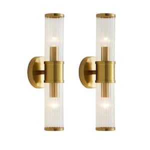 17.7 in. 2-Light Gold Wall Sconce with Cylinder Glass Shade Modern Bathroom Light Fixture