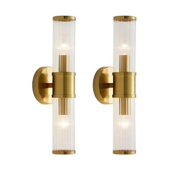 KAISITE 17.7 in. 2-Light Gold Wall Sconce with Cylinder Glass Shade Modern Bathroom Light Fixture
