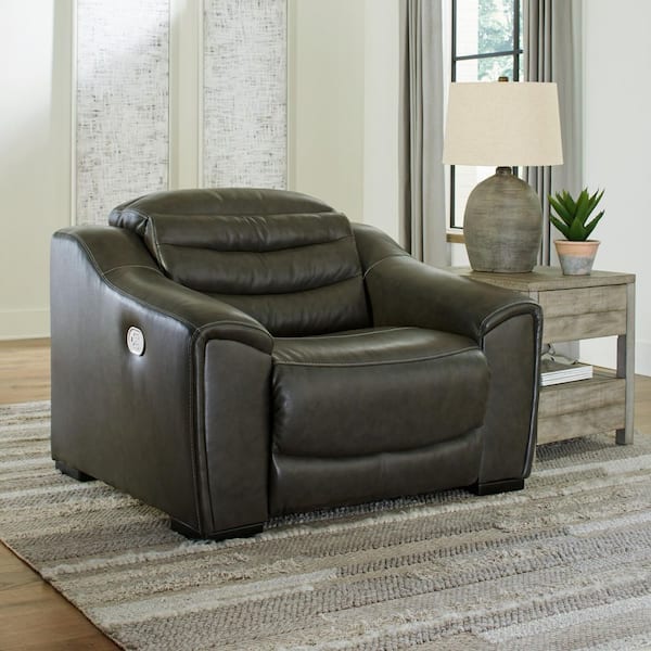 Center Line Gray Leather Match Standard Power Recliner with Adjustable Headrest
