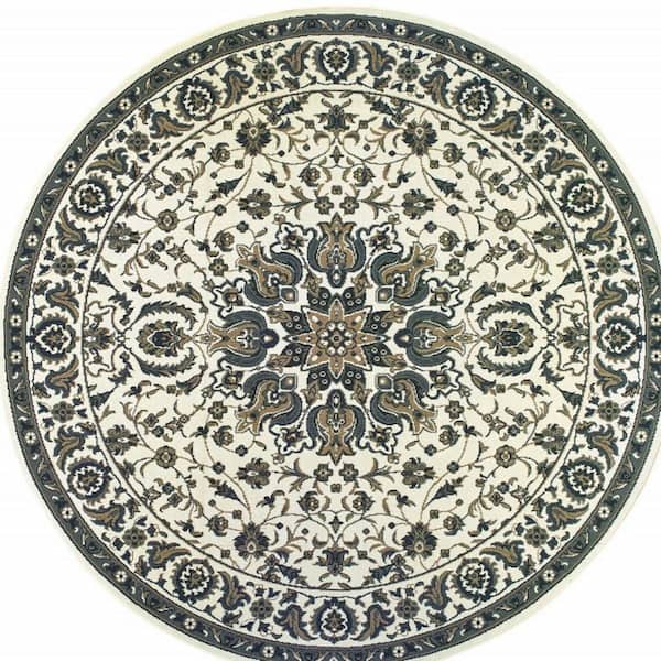Ivory, Blue 8 ft. x 8 ft. Loomed Oriental Polypropylene Round Indoor/Outdoor Area Rug