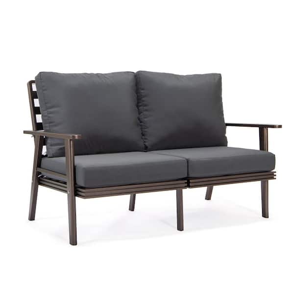 Leisuremod Walbrooke Brown 1-Piece Metal Outdoor Loveseat with Charcoal Cushions