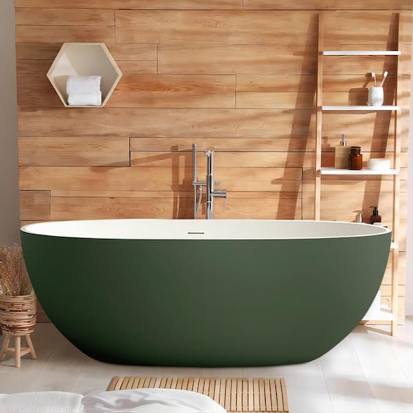 UPIKER Exquisite 65 in. x 29.5 in. Soaking Green Solid Surface Bathtub with Center Drain in White