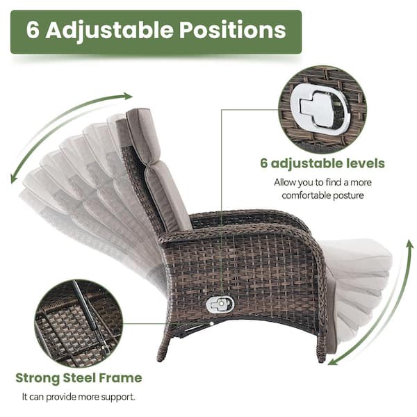 PlainCurve 4-Piece Brown Wicker Outdoor Patio Adjustable Recliner Chair with Gray Cushions