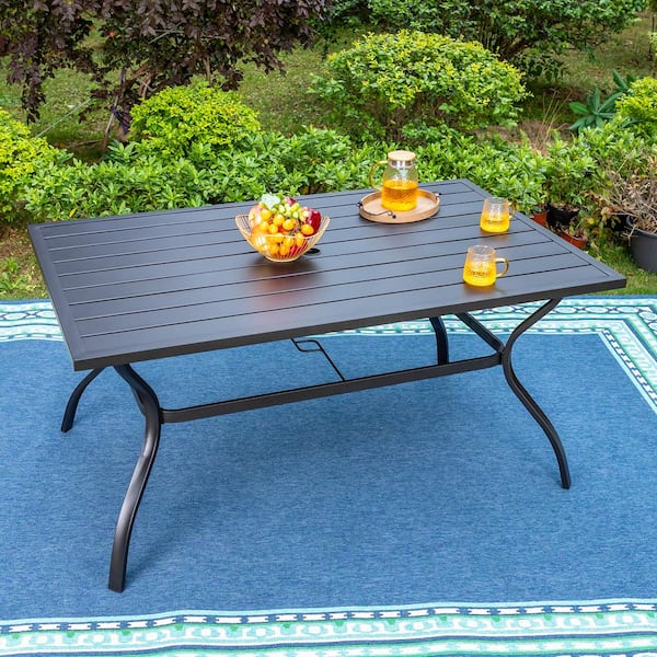 PHI VILLA Black Slat Rectangle Metal Patio Outdoor Dining Table with 1.57 in. Umbrella Hole