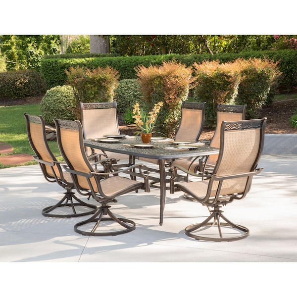Hanover Manor 7-Piece Aluminum Rectangular Outdoor Dining Set with Cast-Top Dining Table and 6 PCV Sling Swivel Chairs