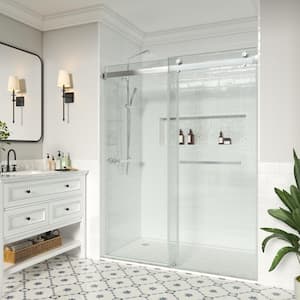 72 in. W x 76 in. H Double Sliding Frameless Bath Shower Door in Brushed Nickel with Easy-Clean 3/8 in. Glass and Handle