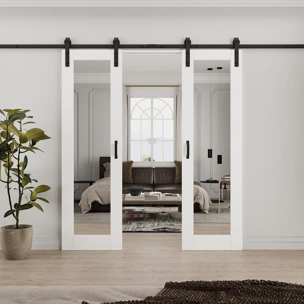 48 in. x 80 in. (Double 24 in. ) Paneled White Mirrored Glass White Primed MDF Sliding Barn Door with Hardware Kit