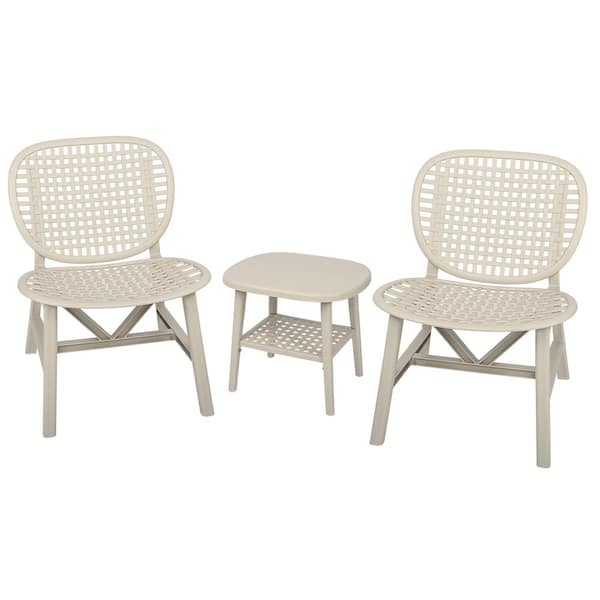 HOTEBIKE White 3-Pieces Hollow Design Plastic Patio Conversation Bistro Set with Open Shelf and Lounge Chairs with Widened Seat