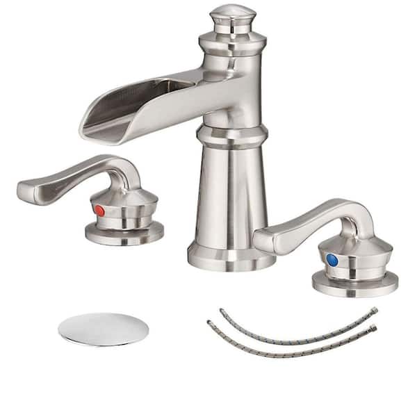 BWE 8 in. Waterfall Widespread 2-Handle Bathroom Faucet With Pop-up Drain Assembly in Brushed Nickel