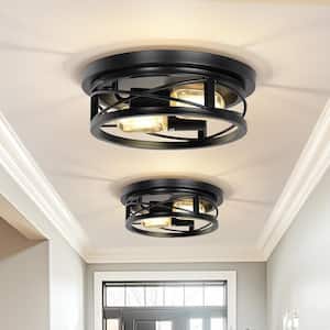 10.6 in. 2-Light Black Farmhouse Flush Mount with Drum Metal Cage Shade for Entryway Bedroom(2-Pack)