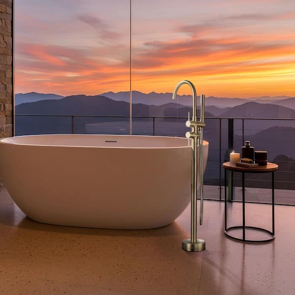 2-Handle Floor Mount Freestanding Tub Faucet with Hand Shower in Brushed Gold