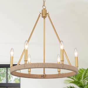 6-Light Rustic Spray-Painted Gold Hemp Rope Wagon Wheel Chandelier for Dining Room Living Room Foyer Entryway