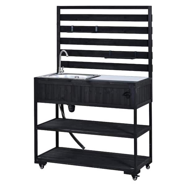 Black Wood Patio Garden Potting Bench with Sink,Stainless Table Top,2 Movable Shelves and 1 Bottle Opener