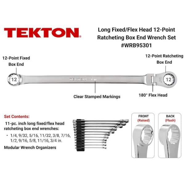 Long Fixed/Flex Head 12-Point Ratcheting Box End Wrench Set with Modular Organizers, 11-Piece (1/4-3/4 in. )