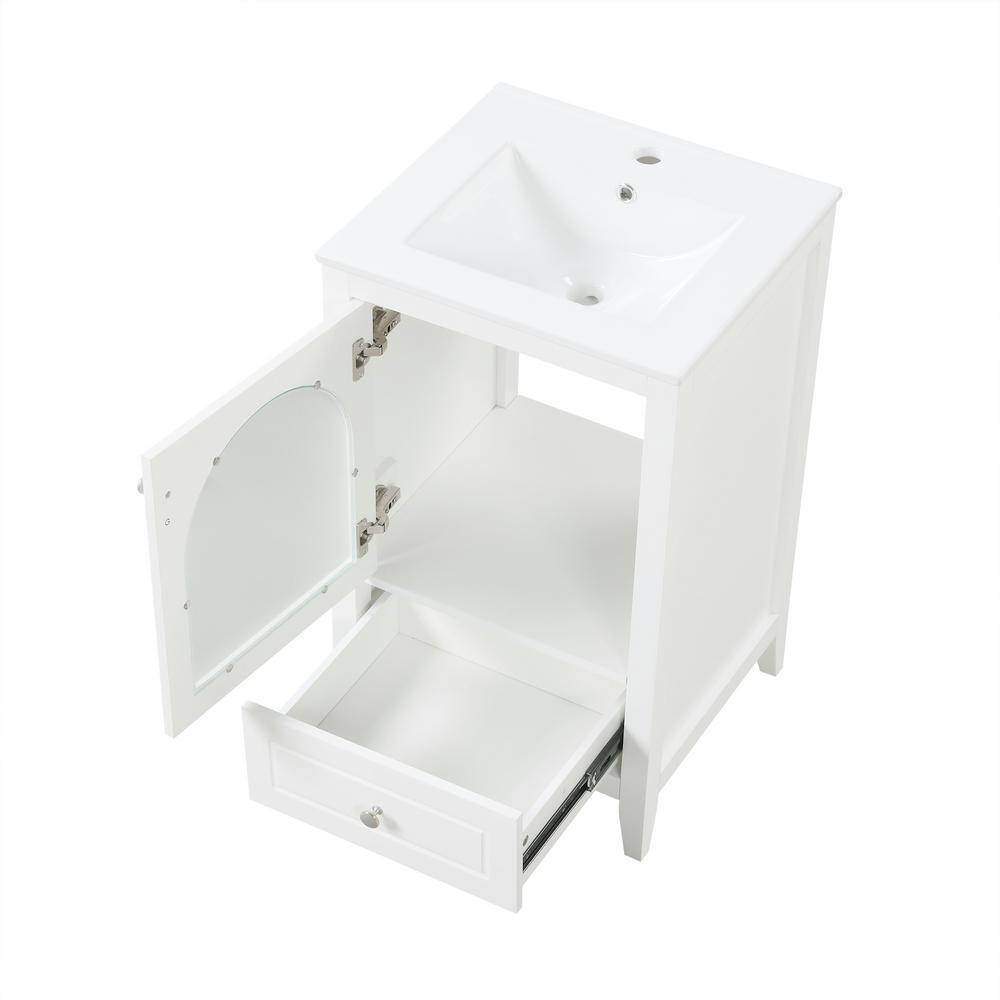 White 20" Freestanding Bathroom Vanity with Ceramic Sink and Glass Door