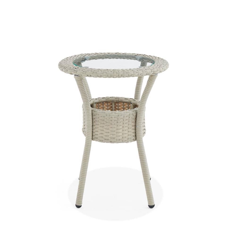 Beige Round Wicker Outdoor Accent Table with Glass Top and Storage