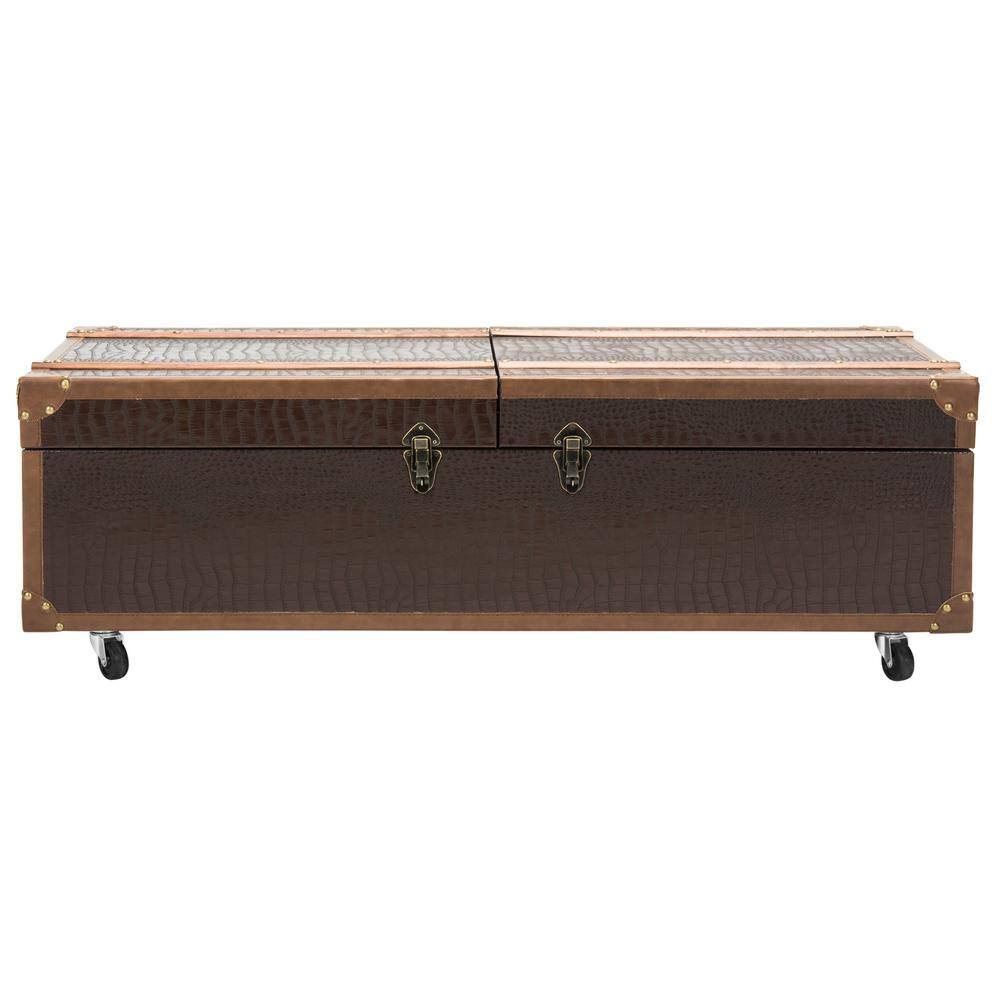 Transitional Mix Walnut and Brass Storage Trunk Coffee Table