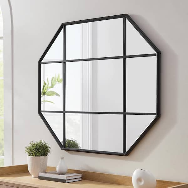 Welwick Designs 42 in. H x 36 in. W Black Octagon Metal Modern Windowpane Mirror