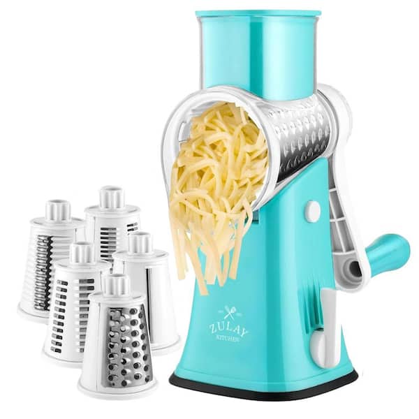 Zulay Kitchen Rotary Cheese Grater with 5 Interchangeable Drums-White & Light BLue