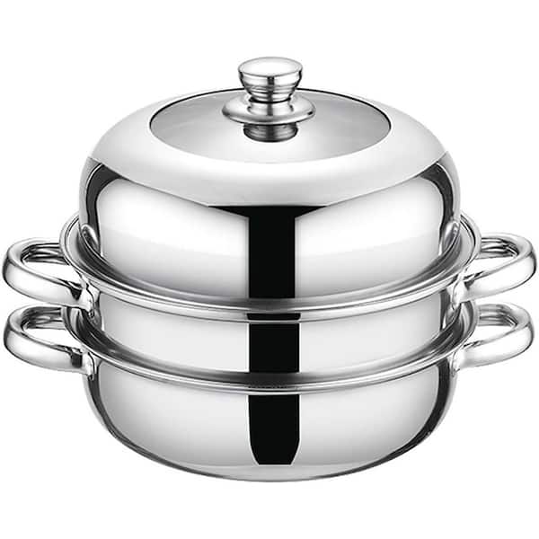 2-Piece Stainless Steel Silver Steamer Pot Set with Lid Stackable Arched Design for Vegetables Seafood Pasta