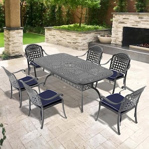 Isabella Black 7-Piece Cast Aluminum Outdoor Dining Set with Rectangle Table and Dining Chairs with Random Color Cushion