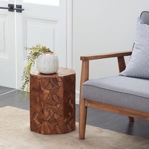 13 in. Brown Handmade Medium Octagon Wood End Accent Table with Mosaic Wood Chip Design