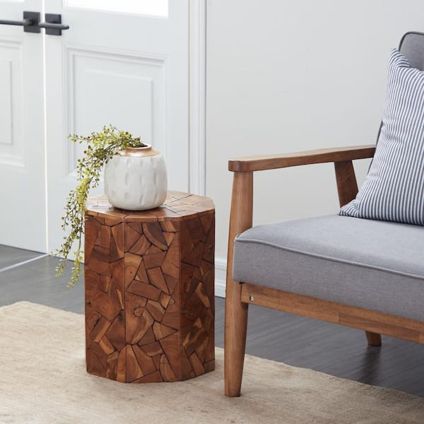 Litton Lane 13 in. Brown Handmade Medium Octagon Wood End Accent Table with Mosaic Wood Chip Design