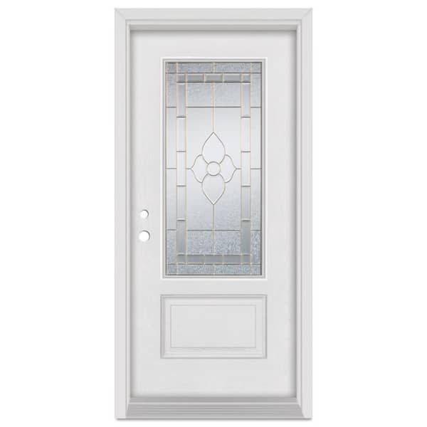 Stanley Doors 32 in. x 80 in. Traditional Right-Hand Brass Finished Fiberglass Mahogany Woodgrain Prehung Front Door