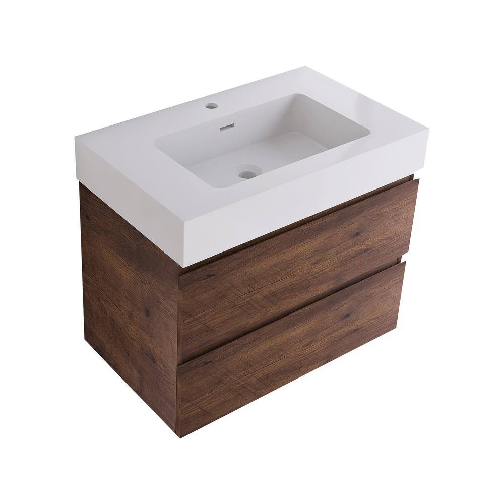 Walnut Wall-Mounted Bathroom Vanity with White Resin Sink, 30" x 18"
