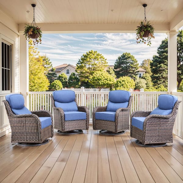 MoonLuxe Brown Swivel Glider Wicker Outdoor Rocking Chair with Blue Olefin 6 In. Thick Cushions (4-Piece)