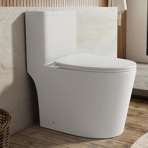 One-piece 1.1/1.6 GPF High Efficiency Dual Flush Elongated Toilet in Gloss White Soft-Close Seat Included