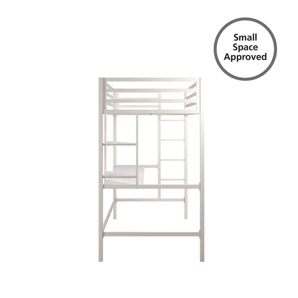 Off-White Twin Metal Loft Bed with Desk and Shelves