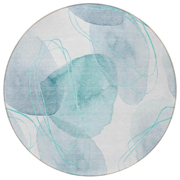 Teal and Ivory 8 ft. Round Woven Abstract Round Indoor/Outdoor Area Rug