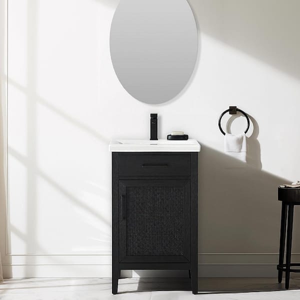 SUDIO Cove 20 in. W Bath Vanity in Black Oak with Ceramic Vanity Top in White with White Sink